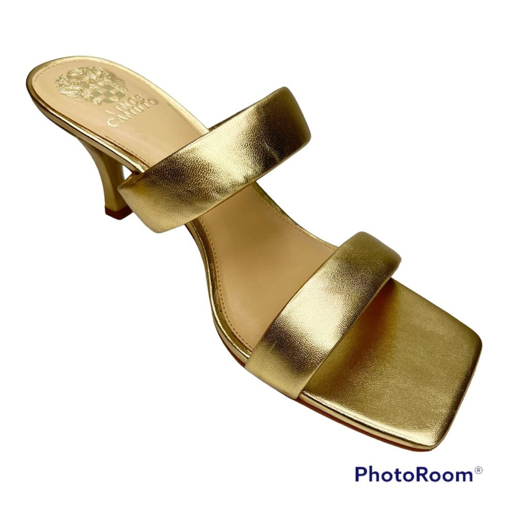 Vince Camuto Aslee Leather  Egyptian Gold Square Open Toe Slid On Heeled Sandal
